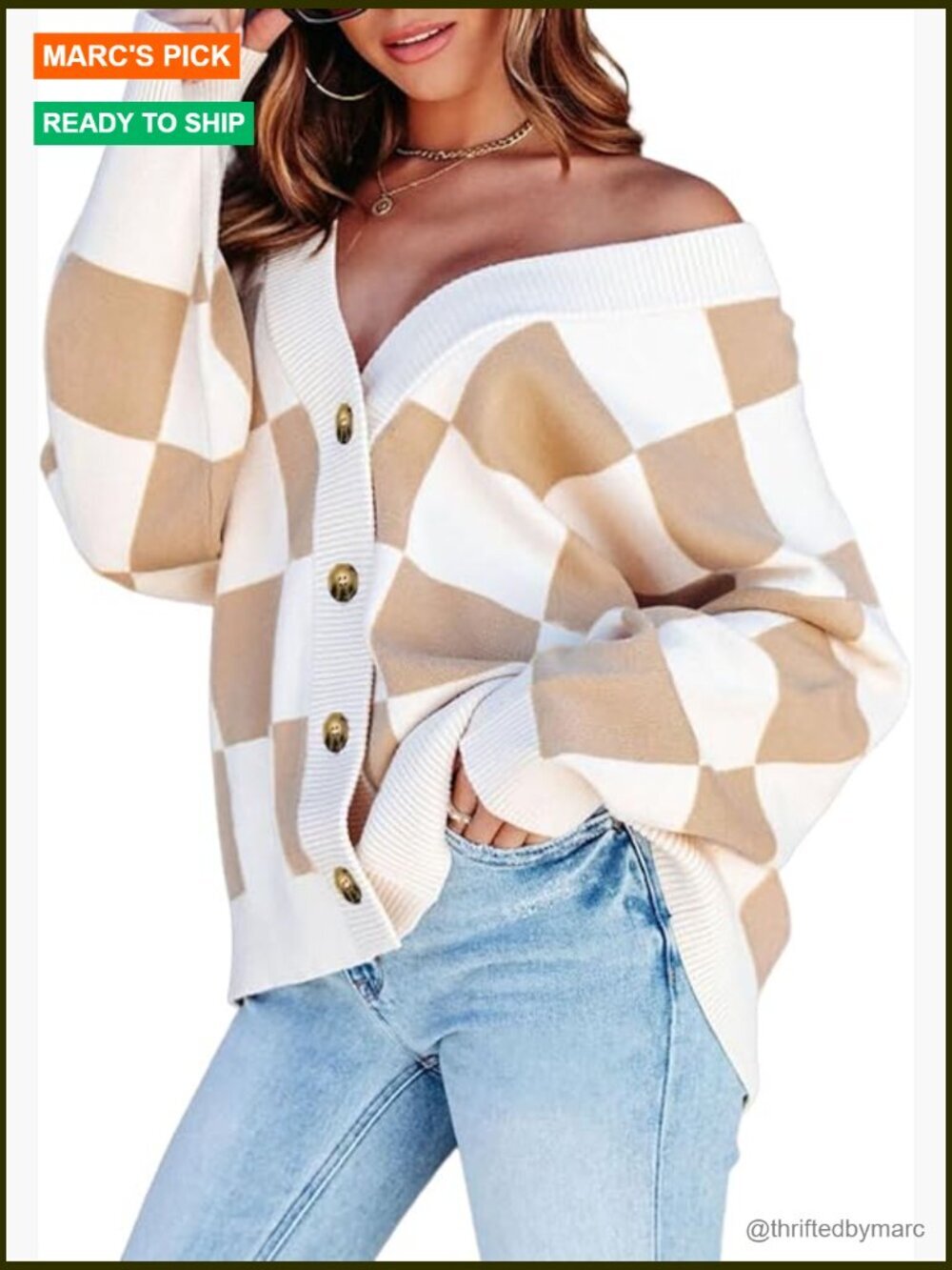 Plaid V-Neck Button Down Long Sleeve Cable Knit Oversized Cardigan